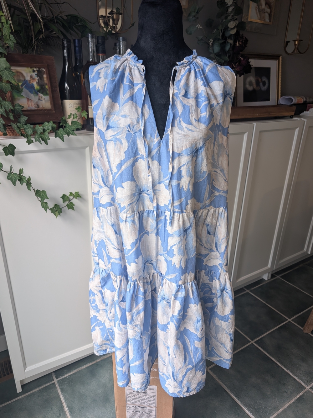 Steve Madden Blue & White Floral Tiered Mini Dress